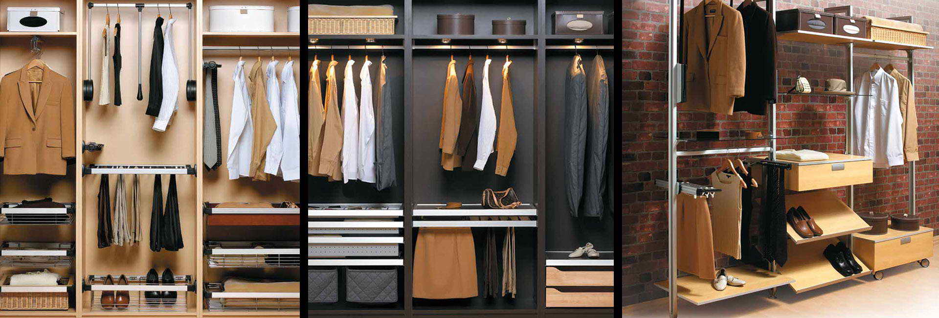 Garde-robe en mélamine avec tringles, supports, paniers, tiroirs coulissantes et diviseurs