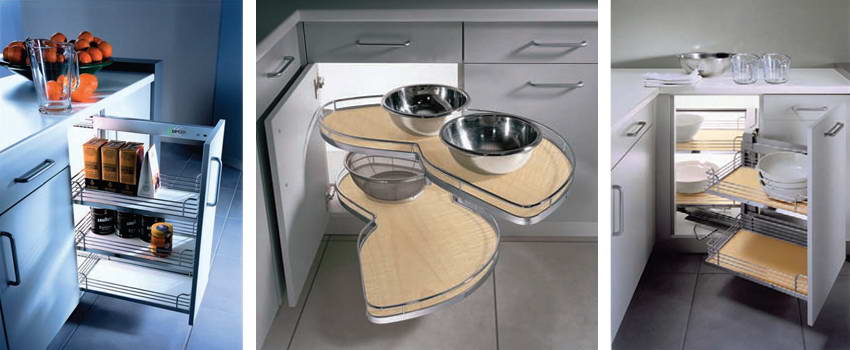 Systèmes de rangement pour armoires de cuisine: LeMans, Magic corner et paniers coulissante